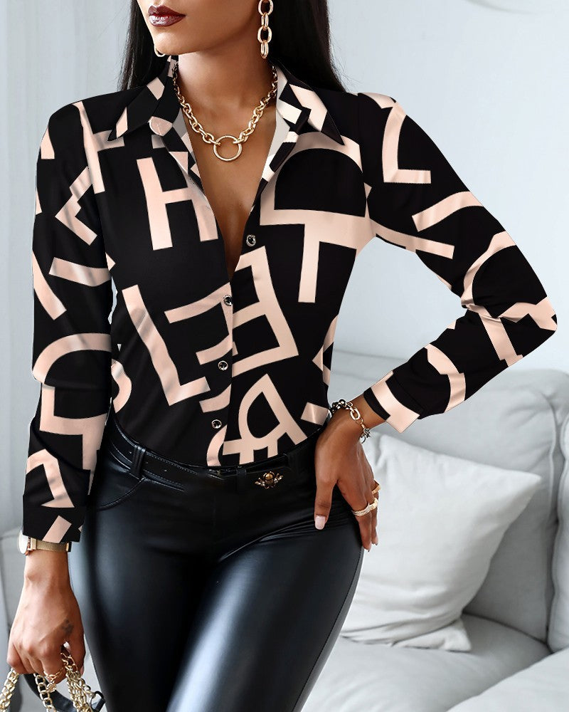Color Block Print Blouse with V-Neck and Long Sleeves