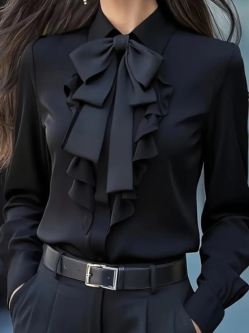 Solid Long Sleeve Blouse with Ruffle Front and Bow Tie
