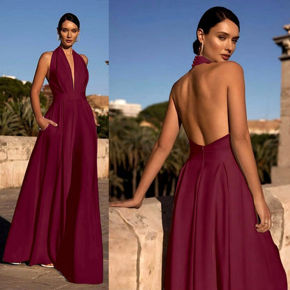 Wide-Leg Jumpsuit with Halter Neck and Deep V-Neck