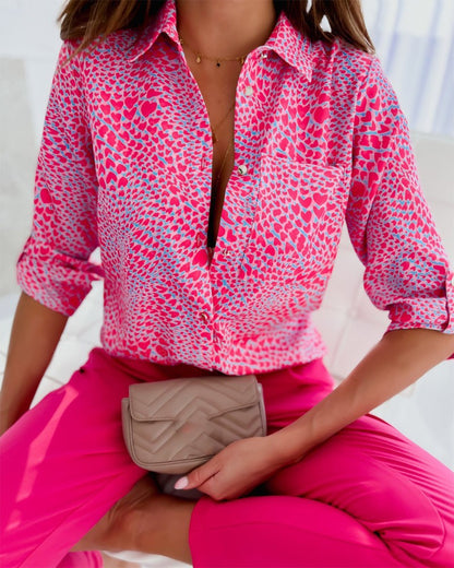 Printed Long Sleeve Button-Down Shirt with V-Neck