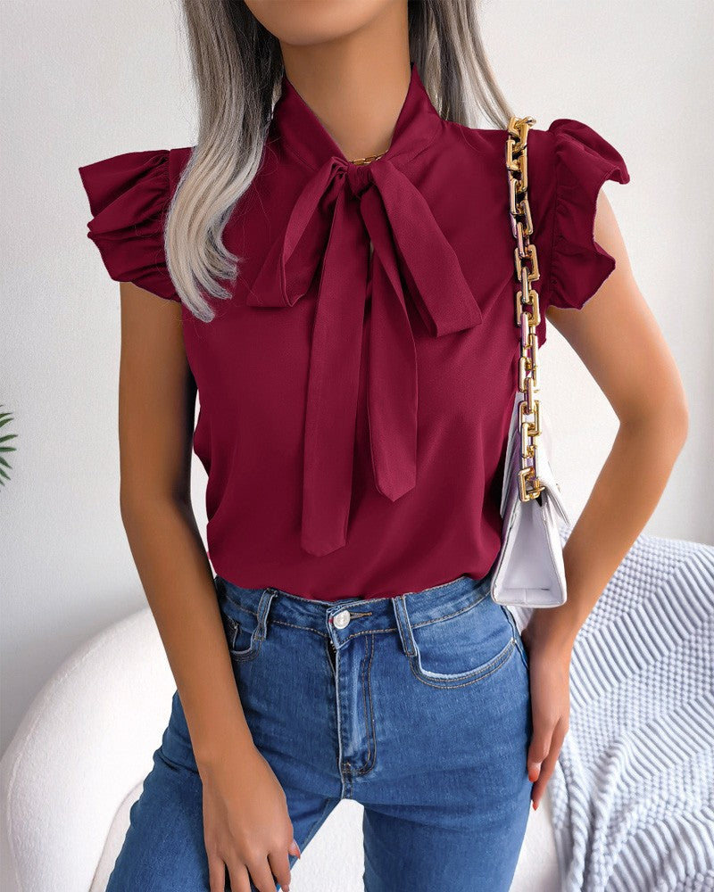 Solid Blouse with Tie-Neck and Ruffle Sleeves