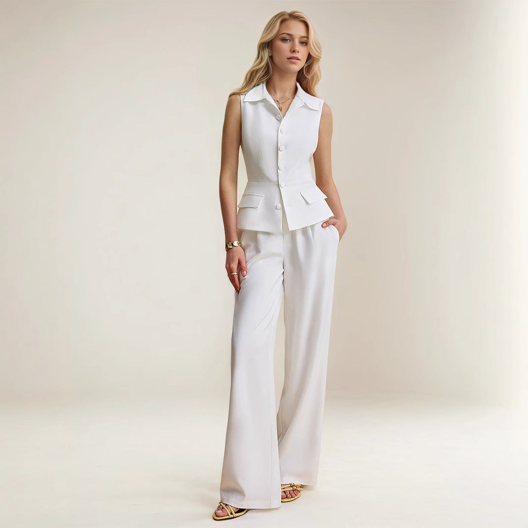 White Sleeveless Lapel Vest with Wide-Leg Trousers Set