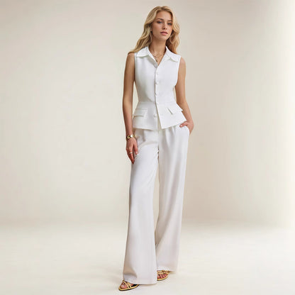 White Sleeveless Lapel Vest with Wide-Leg Trousers Set