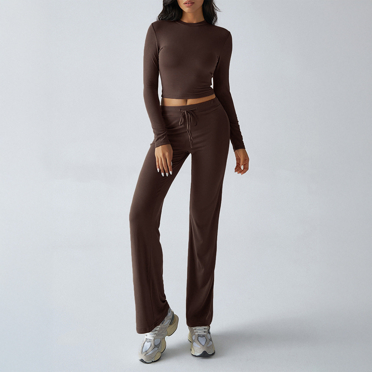 Solid Cropped Long-Sleeve Top & Straight-Leg Pants Loungewear Set