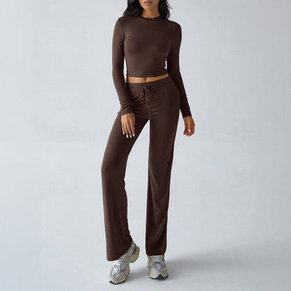 Solid Cropped Long-Sleeve Top & Straight-Leg Pants Loungewear Set