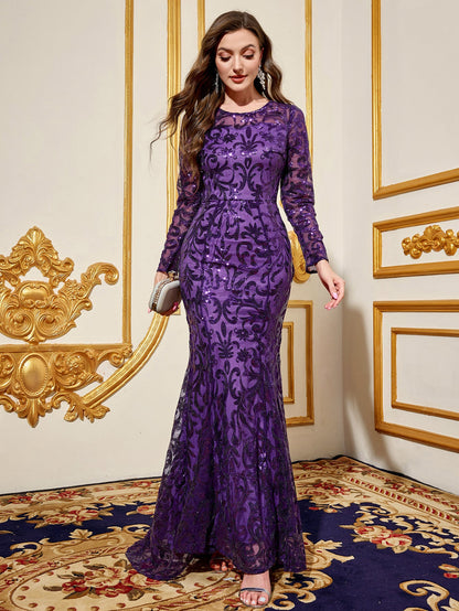 Mermaid Maxi Dress with Long Sleeves and Floral Sequins