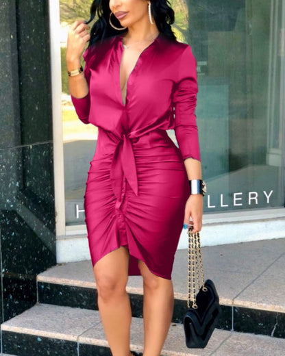 Midi Dress with V-Neck, Tie-Waist, and Ruched Hem