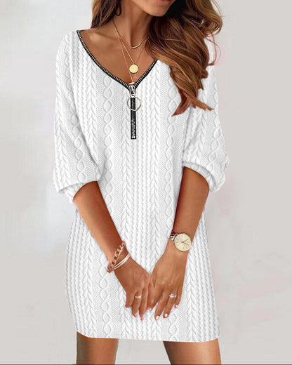 Cable Knit Tunic Dress with V-Neck and Quarter Zip
