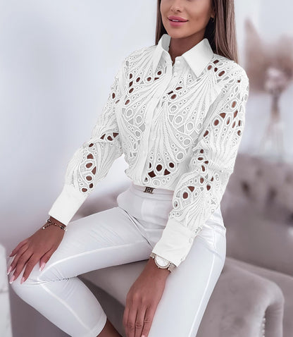 Hollow-Out Lace Button-Down Shirt with Lapel Collar