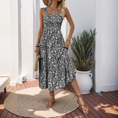 Floral Print A-Line Maxi Dress with Smocked Bodice