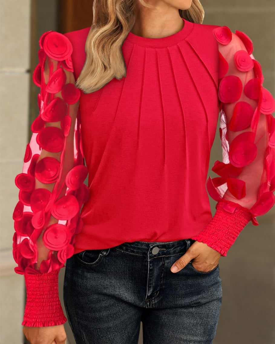Crewneck Blouse with Sheer 3D Applique Sleeves and Pintucks