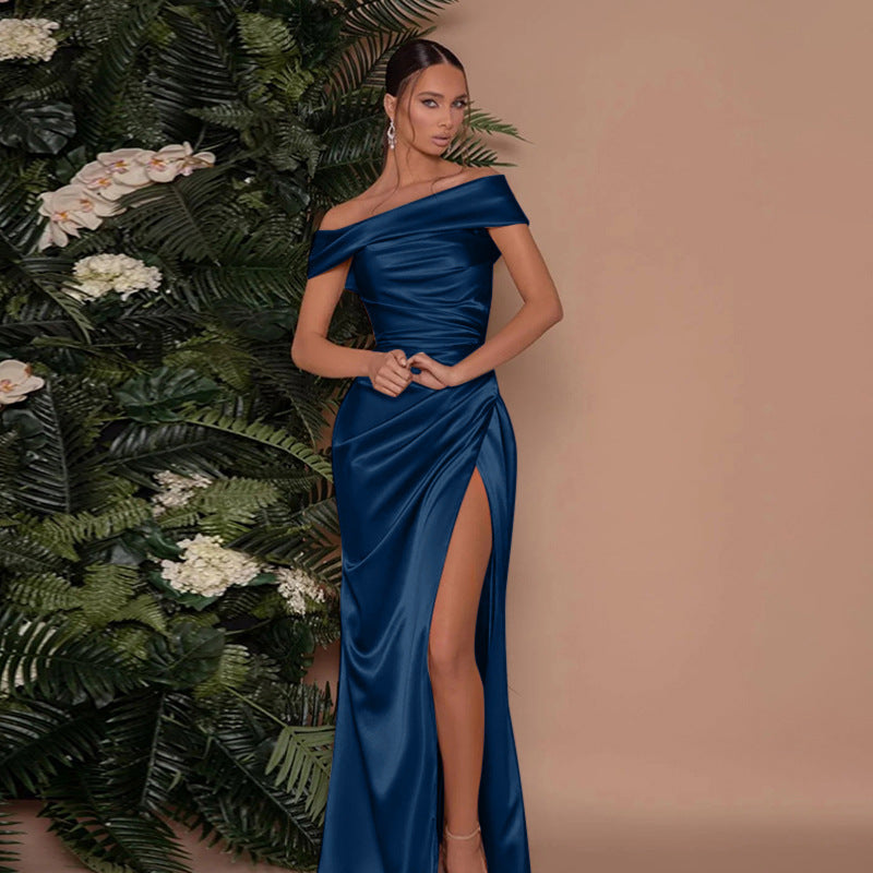 Elegant Off-Shoulder Split Dress Mercerized Fabric