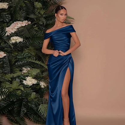 Elegant Off-Shoulder Split Dress Mercerized Fabric