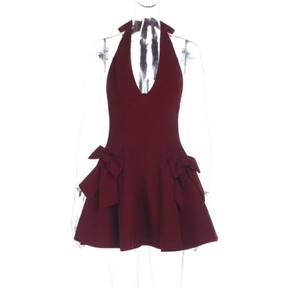 Halter Neck A-Line Mini Dress with Side Bow Accents