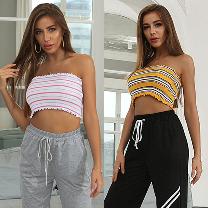 Striped Ribbed Tube Top with Lettuce Edge Detail