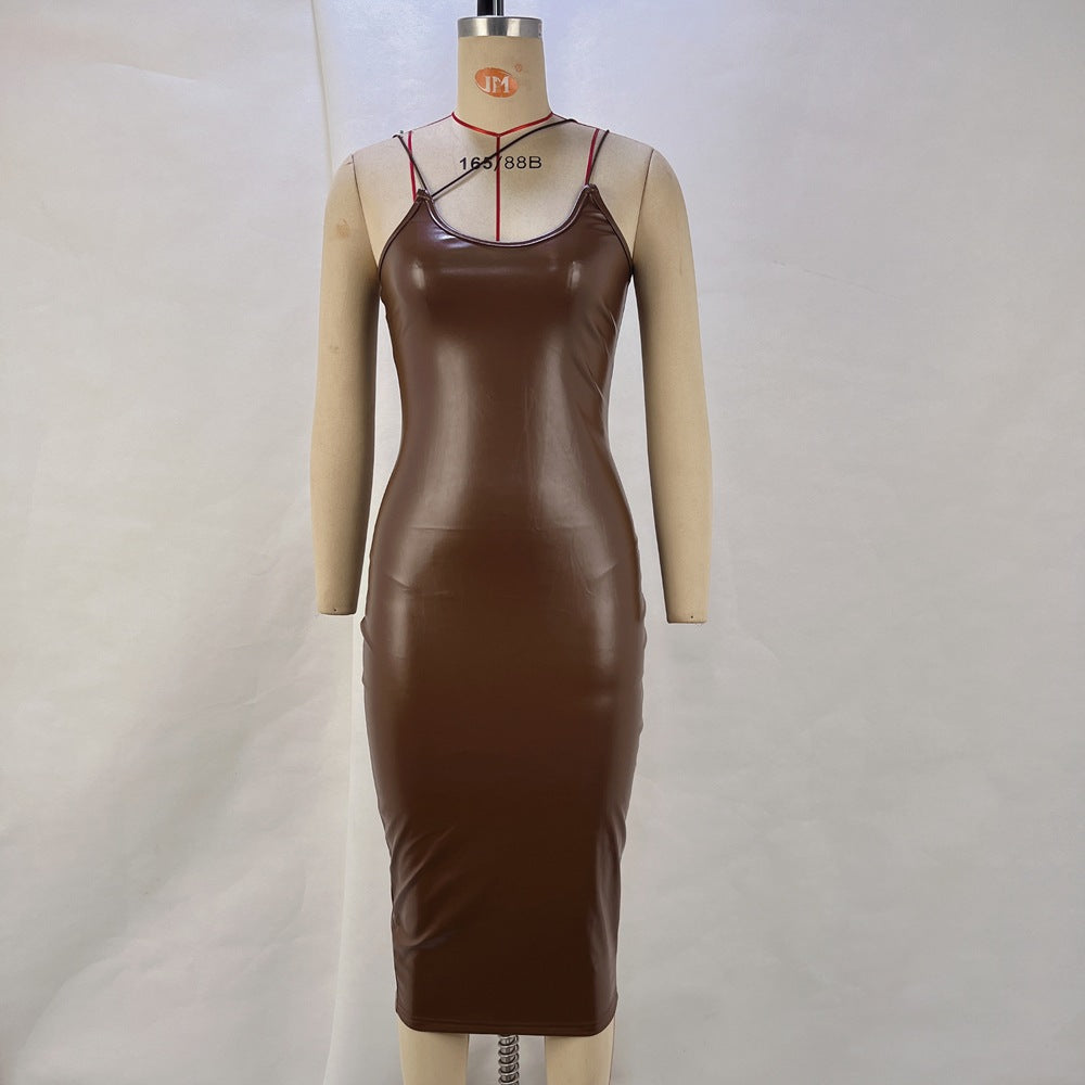 Bodycon PU Midi Dress with V-Neck and Backless Detail