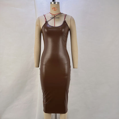 Bodycon PU Midi Dress with V-Neck and Backless Detail
