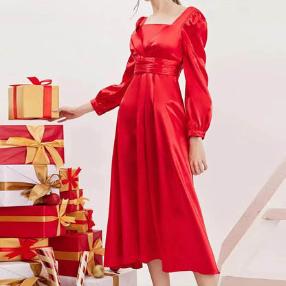 Satin A-Line Midi Dress with Square Neck and Long Puff Sleeves