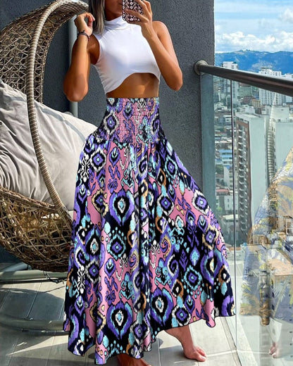 High-Waist Shirred Maxi Skirt with Print