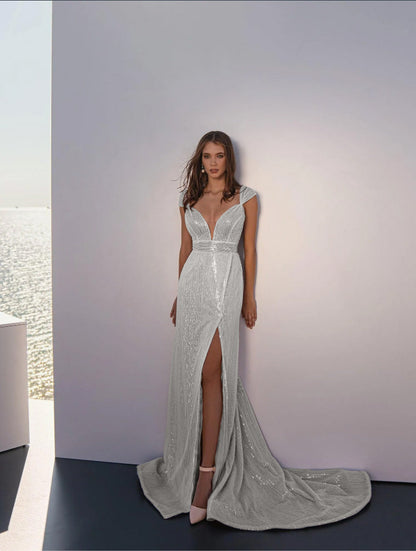 Sequined Sheath Gown with Deep V-Neck and Thigh Split