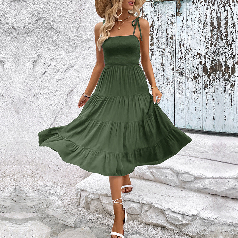 Solid Tiered Midi Dress with Smocked Bodice and Tie Straps