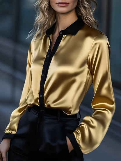 Satin Button-Down Shirt with Contrast Trim