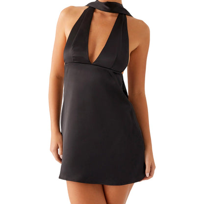 Halter Mini Dress with V-Neck and Backless Sash Detail