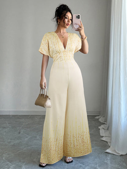 Wide-Leg Jumpsuit with Deep V-Neck and Metallic Streak Print