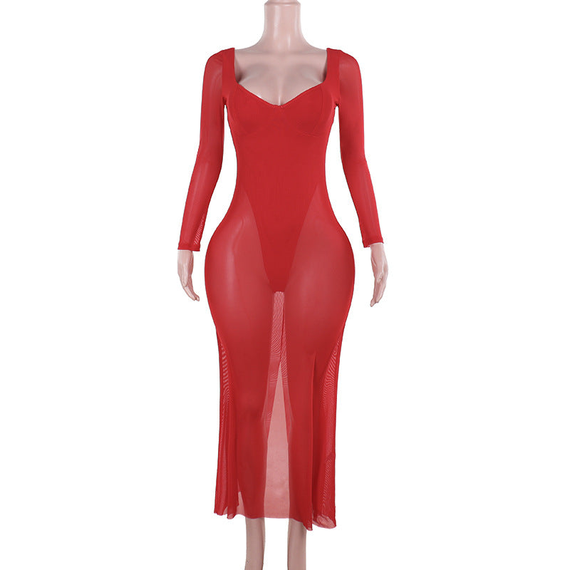 Bodycon Mesh Maxi Dress with Long Sleeves