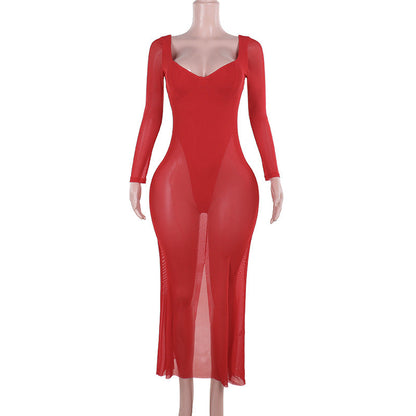 Bodycon Mesh Maxi Dress with Long Sleeves