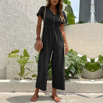 High-Waist Cropped Jumpsuit with V-Neck and Puff Sleeves