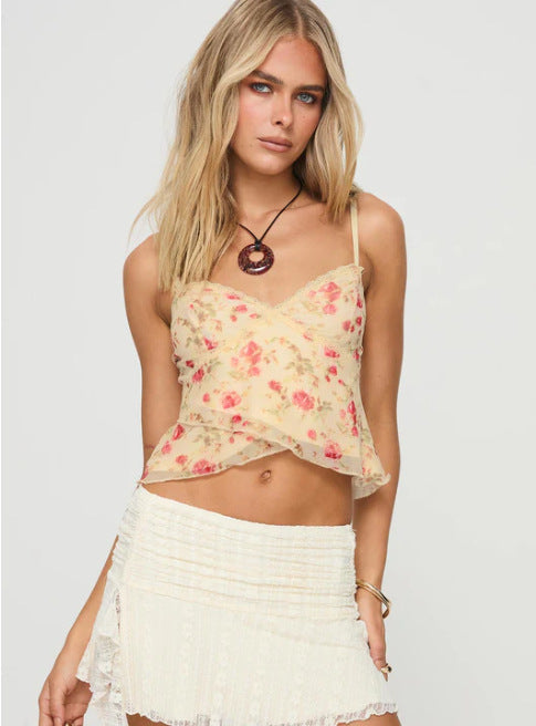 Floral Print Cropped Camisole and Ruffled Mini Skirt Set