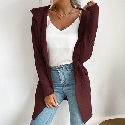 Long Open-Front Cardigan with Hood and Ribbed Knit