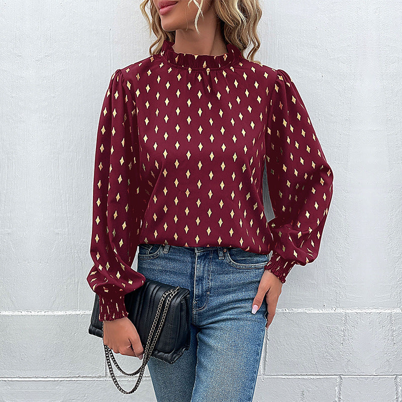 Bronzing Diamond Print Blouse with Mock Neck and Smocked Cuffs