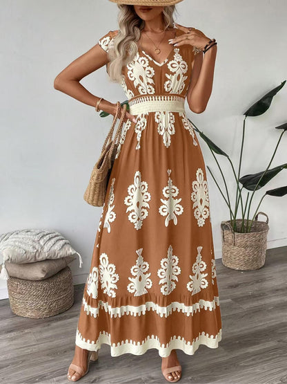 Printed A-Line Maxi Dress with V-Neck
