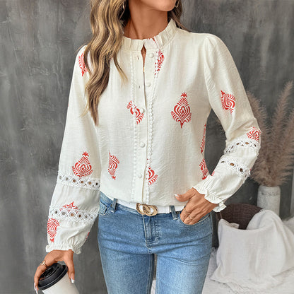 Ethnic Print Blouse with Ruffled Stand Collar and Lace Trim