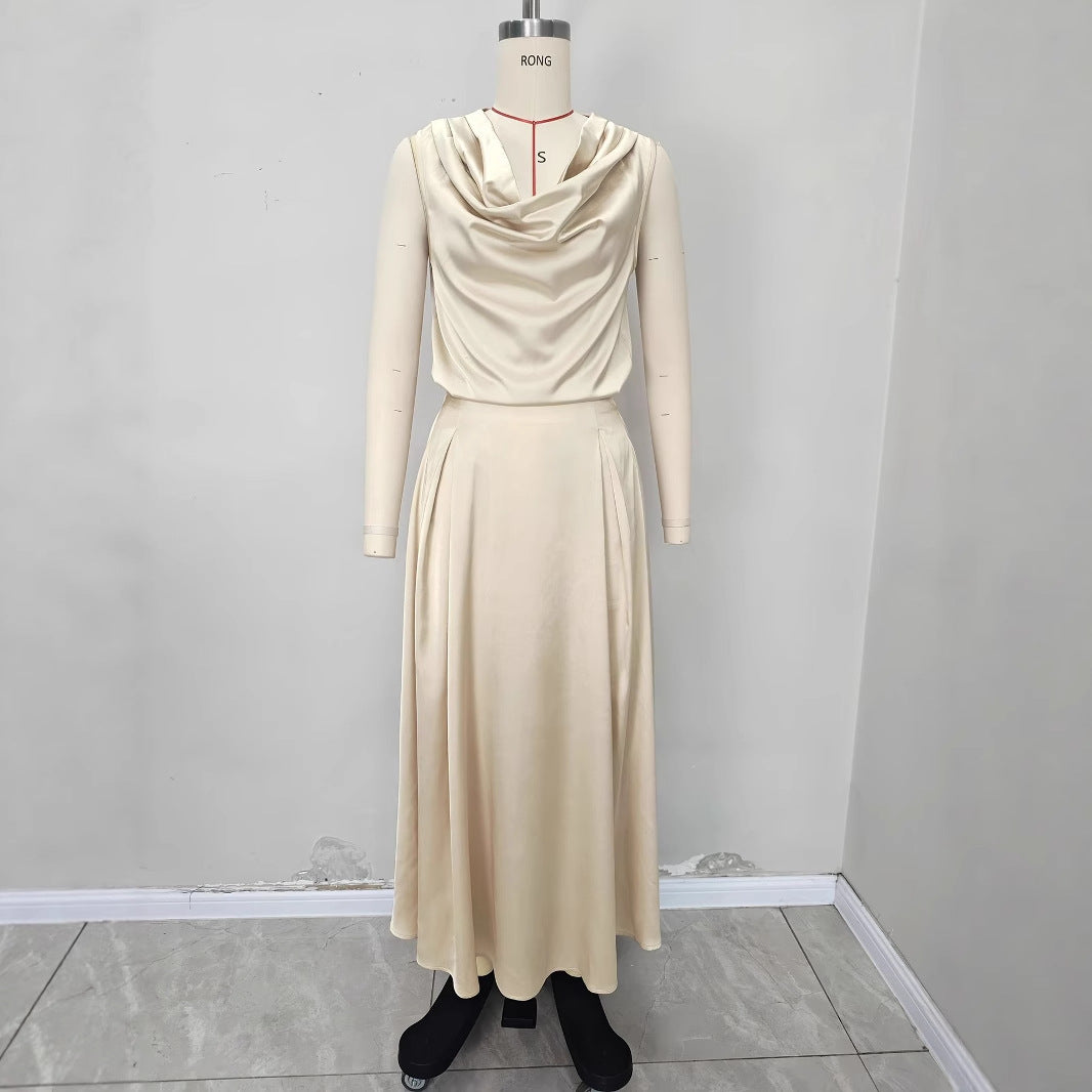 Satin Cowl Neck Top & Midi Skirt Set