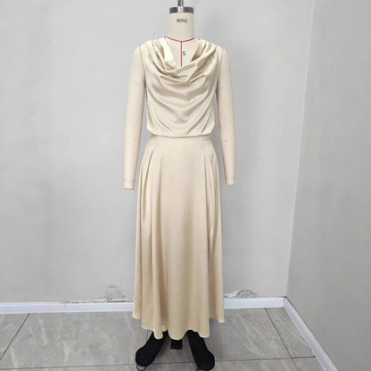 Satin Cowl Neck Top & Midi Skirt Set