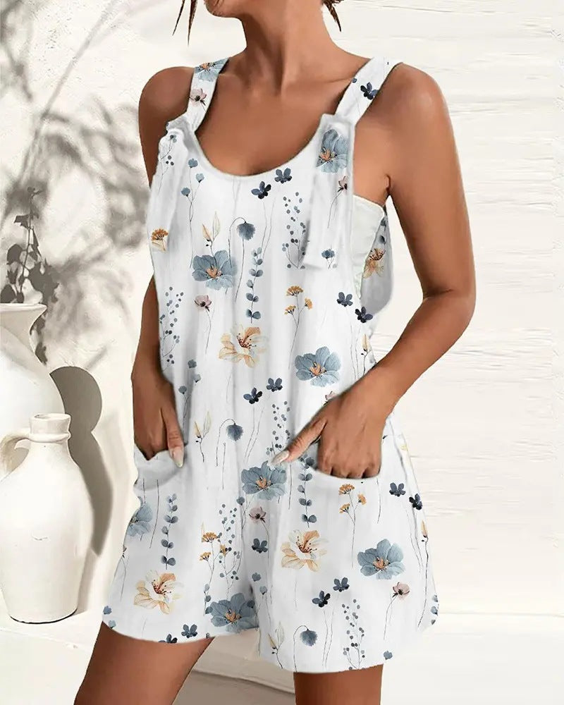 Patterned Romper with Tied Shoulder Straps and Pockets