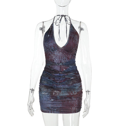 Ruched Bodycon Mini Dress with Halter Neck and Abstract Print