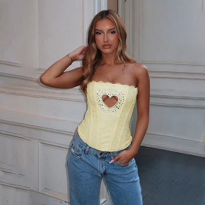 Strapless Lace Corset Top with Rhinestone Heart Cutout