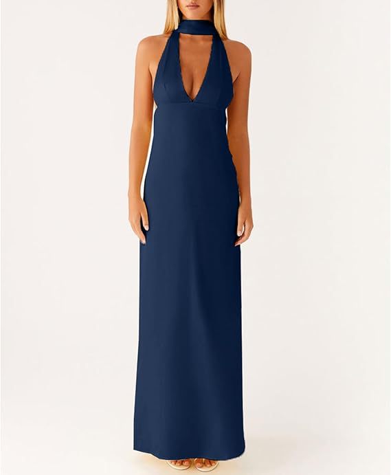 Halter Sheath Maxi Dress with Choker Collar and V-Neck