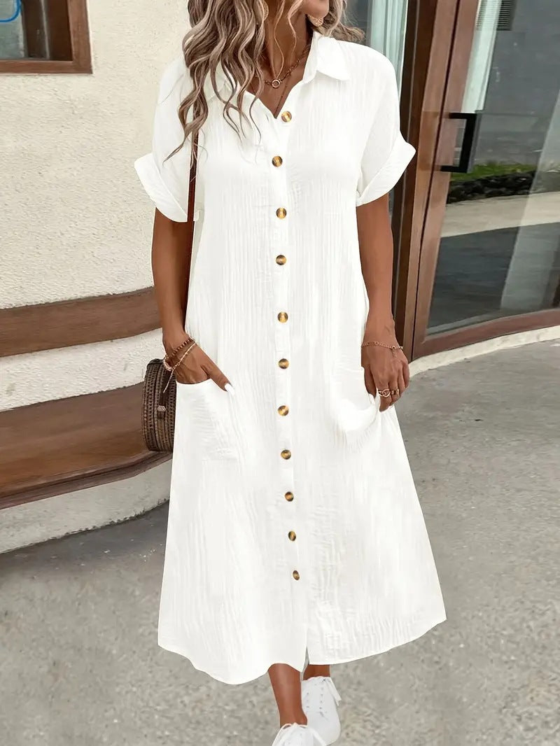 Midi Shirt Dress with V-Neck and Button Front