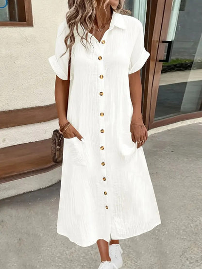 Midi Shirt Dress with V-Neck and Button Front