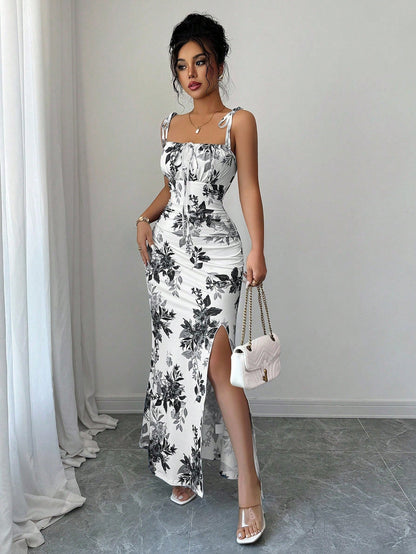 Floral Print Tie-Strap Maxi Dress with High Side Slit