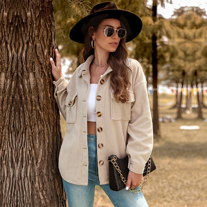 Solid Fleece Shacket with Lapel Collar and Pockets