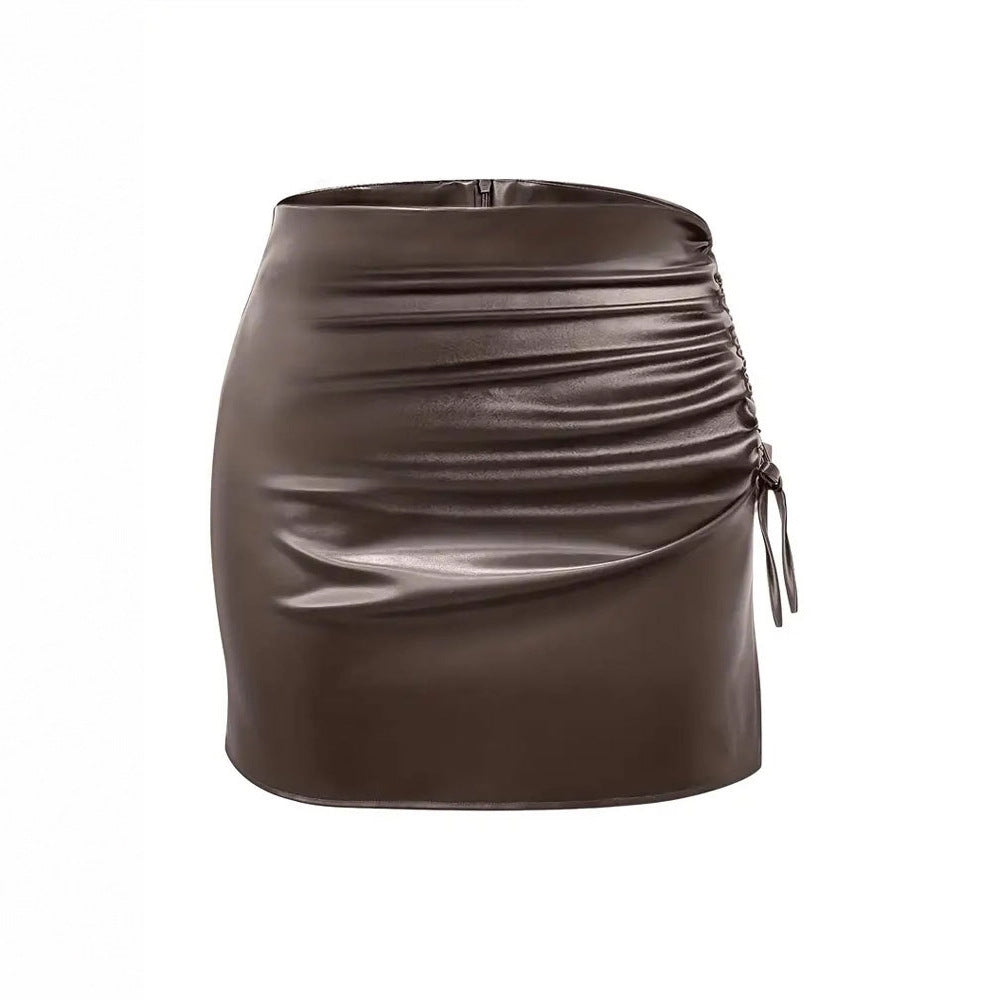 Bodycon Faux Leather Mini Skirt with Ruched Lace-Up Slit