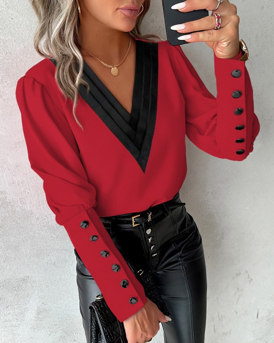 Solid Blouse with Contrast Pleated V-Neck and Button Cuffs