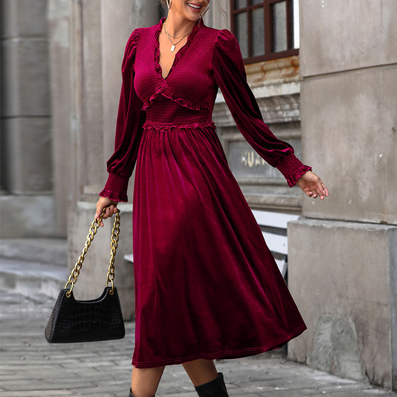 A-Line Velvet Midi Dress with Ruffled V-Neck and Smocked Waist