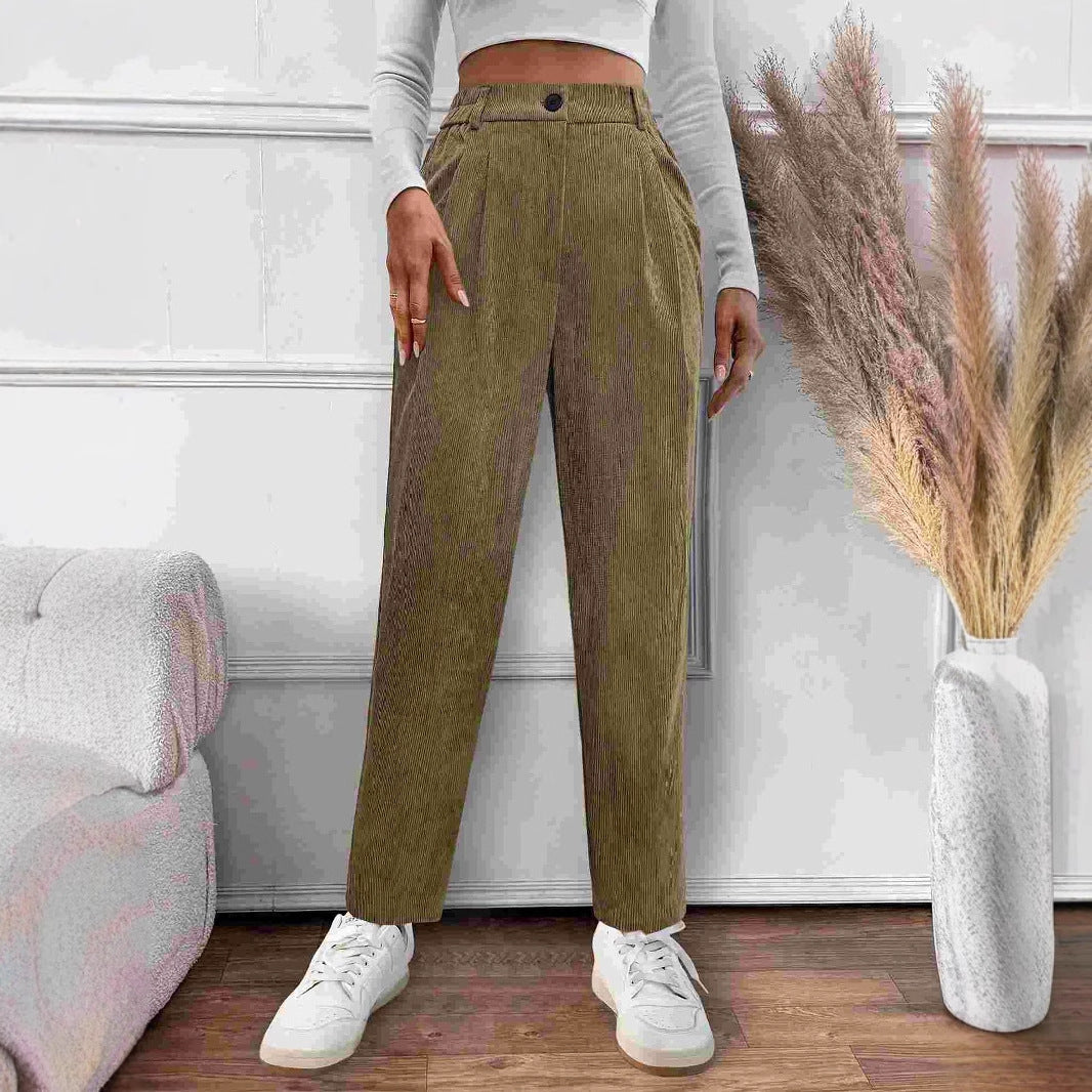 Straight-Leg Corduroy Pants with Elastic High Waist